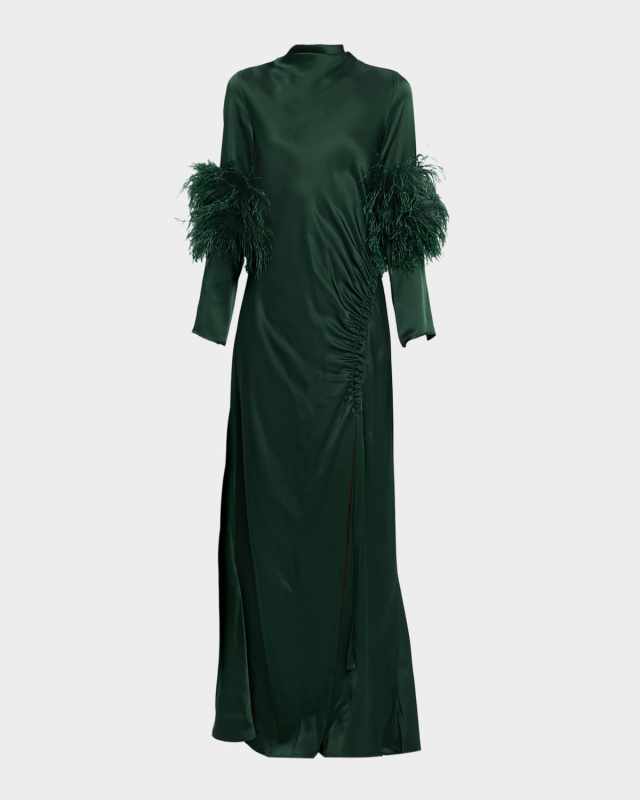 Feather-Trim Long-Sleeve Satin Maxi Dress